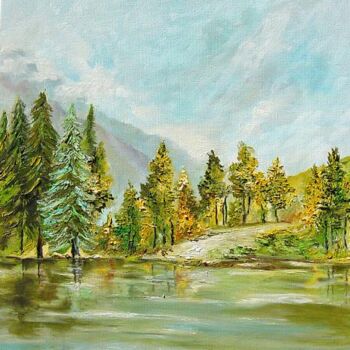 Peinture intitulée "le lac paisible" par Hélène Molina, Œuvre d'art originale, Huile