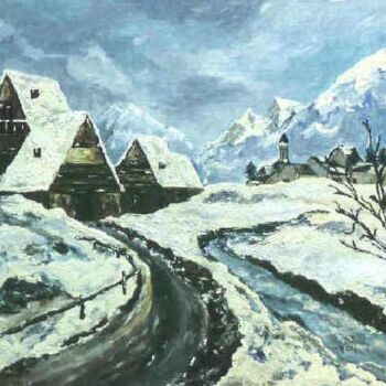 Peinture intitulée "hameau enneigé" par Hélène Molina, Œuvre d'art originale, Huile