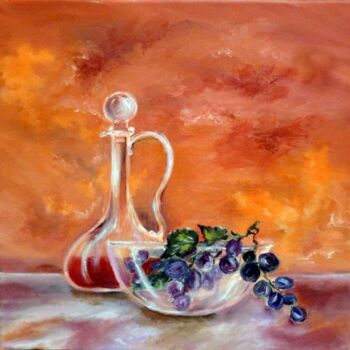 Peinture intitulée "Raisins et carafe" par Hélène Molina, Œuvre d'art originale