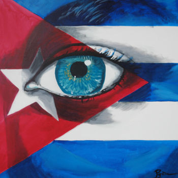 Schilderij getiteld "Oeil-Drapeau Cuba" door Hélène Py, Origineel Kunstwerk, Acryl