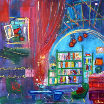 Malerei mit dem Titel "La bibliotheque de…" von Helene Rousselot, Original-Kunstwerk, Acryl