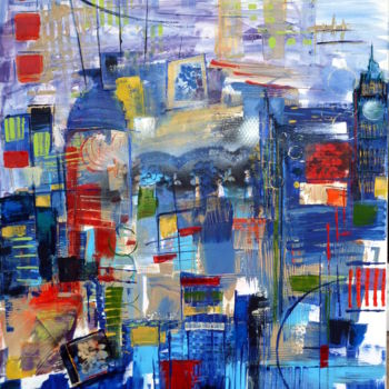 Schilderij getiteld "City tour" door Helene Rousselot, Origineel Kunstwerk, Acryl Gemonteerd op Frame voor houten brancard