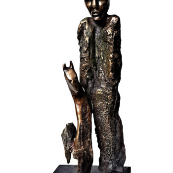 Sculpture titled "elle et son animal…" by Helene Stanton, Original Artwork, Bronze