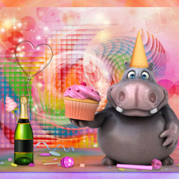Digitale Kunst getiteld "Hippo 🦛  Birth   🍾" door Rainbow, Origineel Kunstwerk, Foto Montage