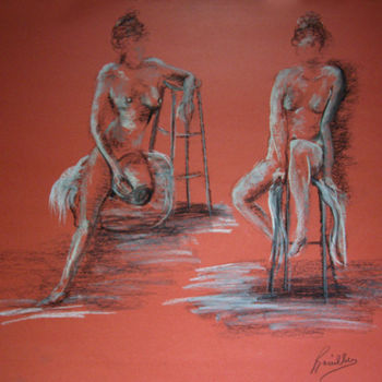 Drawing titled "LE DUO NU" by Helene Rouillier, Original Artwork, Pastel