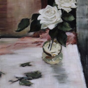 Pintura intitulada "White roses in a gl…" por Helen Hill, Obras de arte originais, Óleo