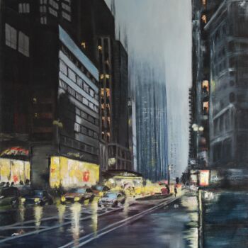 Schilderij getiteld "Rainy city" door Helen Hill, Origineel Kunstwerk, Olie