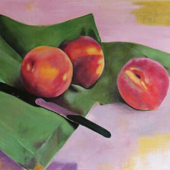 Painting titled "Three juicy peaches" by Helen Hill, Original Artwork, Oil