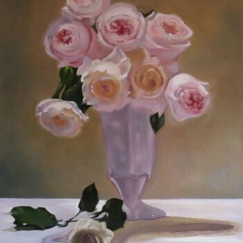 Peinture intitulée "Roses in a glass" par Helen Hill, Œuvre d'art originale, Huile