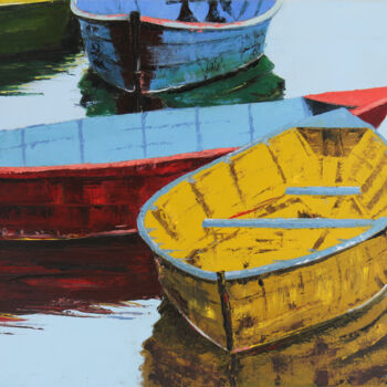 Malerei mit dem Titel "Boats on the lake" von Helen Hill, Original-Kunstwerk, Öl