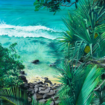 Painting titled "Little Cove Noosa" by Helen Mitra, Original Artwork, Oil Mounted on Wood Stretcher frame