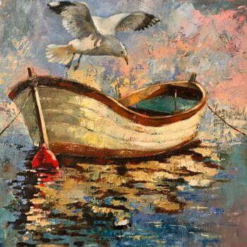 Painting titled ""White boat with a…" by Helga Balaban, Original Artwork, Oil