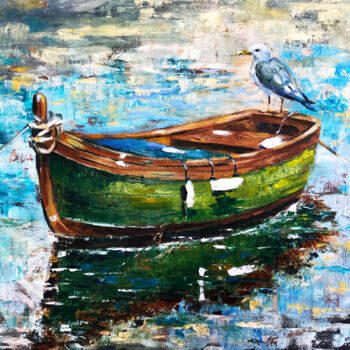 Peinture intitulée ""Green boat  and bi…" par Helga Balaban, Œuvre d'art originale, Huile