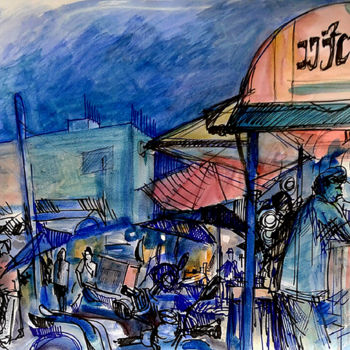 Painting titled "Marché de nuit à Hu…" by Stéphane Helliot, Original Artwork