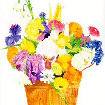 Картина под названием "bouquet au panier" - Héloïse Chouard, Подлинное произведение искусства, Акварель
