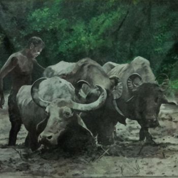 제목이 "Labor in the Mud"인 미술작품 Hemantha Warakapitiya로, 원작, 아크릴 나무 들것 프레임에 장착됨