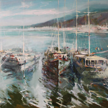 Painting titled "Yachts at the pier" by Henadzy Havartsou, Original Artwork, Oil Mounted on Wood Stretcher frame