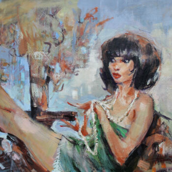 Painting titled "Brunette in daydream" by Henadzy Havartsou, Original Artwork, Oil Mounted on Wood Stretcher frame