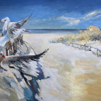 Painting titled "Baltic seagulls" by Henadzy Havartsou, Original Artwork, Oil Mounted on Wood Stretcher frame
