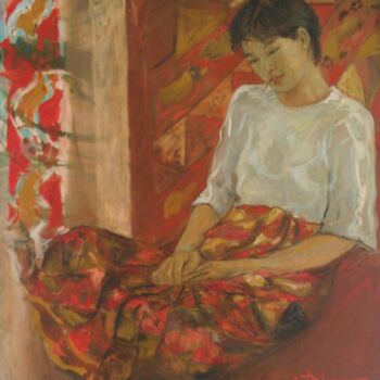 Malarstwo zatytułowany „Young Lady in Sarung” autorstwa Heng Eowlin, Oryginalna praca, Olej