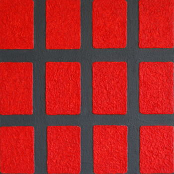 Pintura intitulada "Red oblongs on a gr…" por Henk Broeke, Obras de arte originais, Acrílico Montado em Armação em madeira