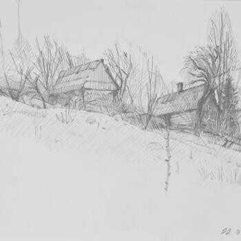 Drawing titled "Two lonely houses o…" by Hennadii Volokitin, Original Artwork, Pencil