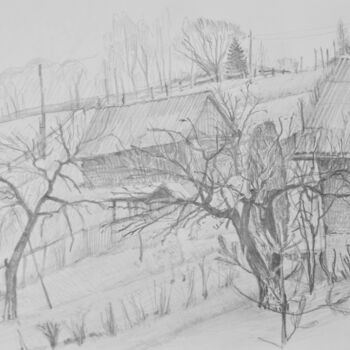 Drawing titled "The apple trees. Ca…" by Hennadii Volokitin, Original Artwork, Pencil