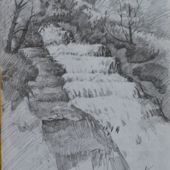 Disegno intitolato "Waterfall. Crimea.…" da Hennadii Volokitin, Opera d'arte originale, Matita