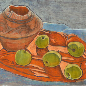 Ζωγραφική με τίτλο "Jug & apples" από Hennadii Volokitin, Αυθεντικά έργα τέχνης, Γκουάς