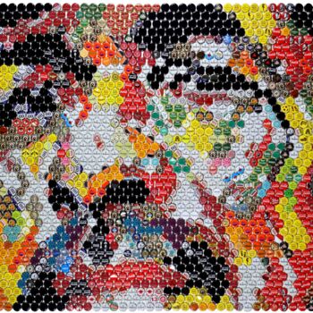 Collages getiteld "Carlos Santana" door Henning Leuschner, Origineel Kunstwerk, Collages Gemonteerd op Houten paneel