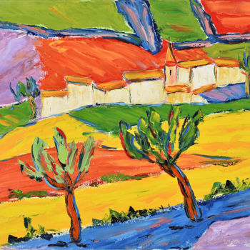 Painting titled "Hameau en Provence" by Henri Borowski, Original Artwork, Oil Mounted on Wood Stretcher frame