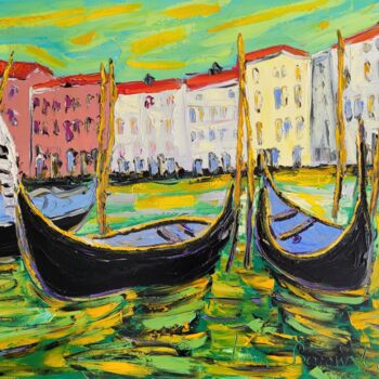 Peinture intitulée "Gondoles à Venise" par Henri Borowski, Œuvre d'art originale, Huile Monté sur Châssis en bois
