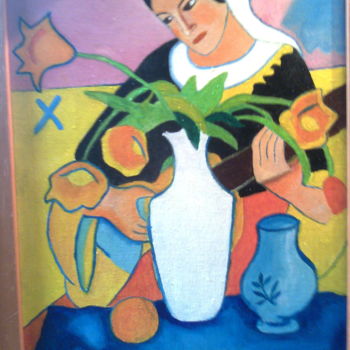 Painting titled "la-fille-au-bouquet…" by Henri Cosso, Original Artwork, Oil