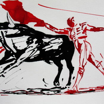 Zeichnungen mit dem Titel "Tauromachie N°5" von Henri Ibara, Original-Kunstwerk, Tinte