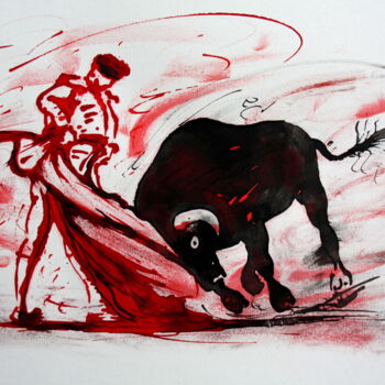 Drawing titled "Tauromachie N°12" by Henri Ibara, Original Artwork, Ink