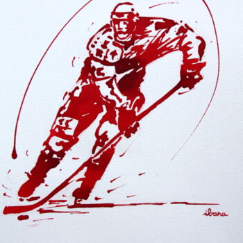 Zeichnungen mit dem Titel "Hockey sur glace N°4" von Henri Ibara, Original-Kunstwerk, Tinte