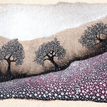 Drawing titled "Trois arbres et fle…" by Henri Ibara, Original Artwork, Ink