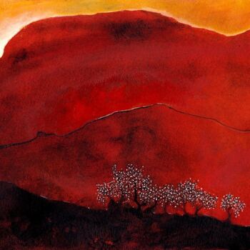 Painting titled "La montagne rouge" by Henri Ibara, Original Artwork, Gouache Mounted on Glass