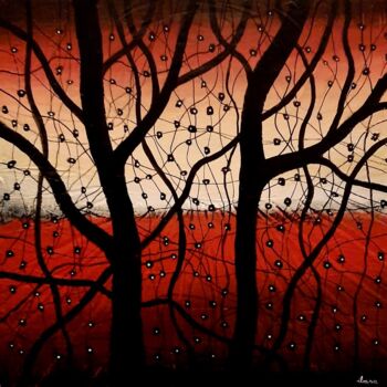 Schilderij getiteld "Arbres noirs et lum…" door Henri Ibara, Origineel Kunstwerk, Acryl Gemonteerd op Frame voor houten bran…