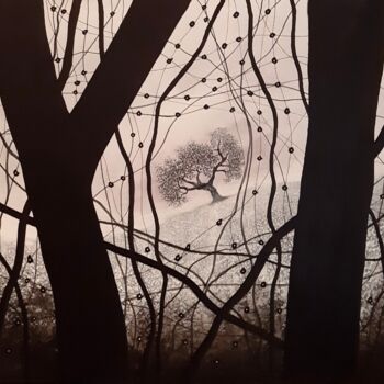 Painting titled "Arbres noirs et lum…" by Henri Ibara, Original Artwork, Acrylic Mounted on Wood Stretcher frame