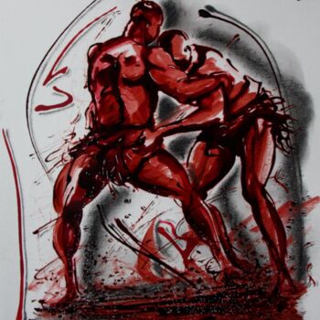 Dessin intitulée "lutteurs-senegalais…" par Henri Ibara, Œuvre d'art originale, Encre