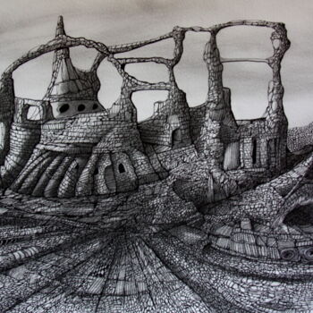 Dessin intitulée "ville-minerale-n-12…" par Henri Ibara, Œuvre d'art originale, Encre