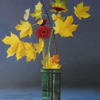 Peinture intitulée "ikebana aux feuille…" par Clarino, Œuvre d'art originale, Huile