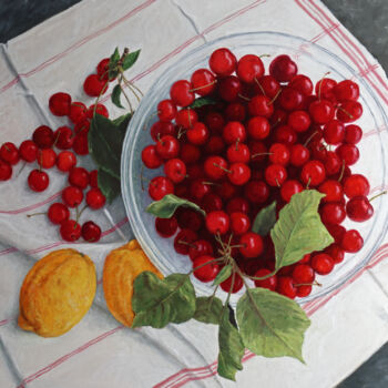 Peinture intitulée "Cerises du jardin e…" par Henri Remi, Œuvre d'art originale, Huile Monté sur Châssis en bois