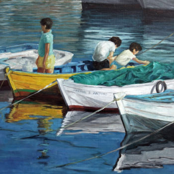 Peinture intitulée "Petits pêcheurs dan…" par Henri Remi, Œuvre d'art originale, Huile