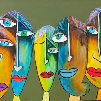 Painting titled "Faces" by Henriett Magyar, Original Artwork, Acrylic Mounted on Wood Stretcher frame