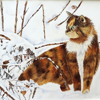Painting titled "chat dans la neige" by Henriette André, Original Artwork, Watercolor