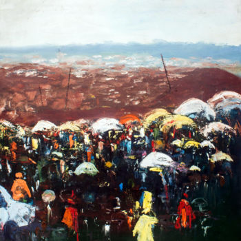 Pintura titulada "olotu-market-scene-…" por Henri Moweta, Obra de arte original