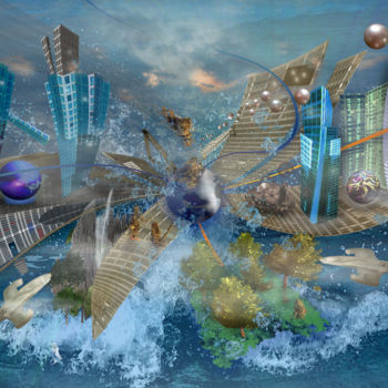 Arts numériques intitulée "Ville dans l'espace…" par Henry Neu, Œuvre d'art originale, Travail numérique 2D