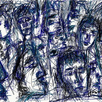 Digitale Kunst mit dem Titel "Foule blue" von Henry Neu, Original-Kunstwerk, Digitale Malerei